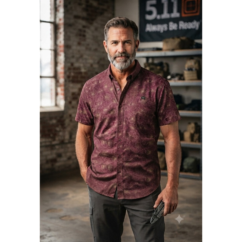 5.11 Tactical Mens Maroon Hibiscus Floral Short Sleeve Button Down Large